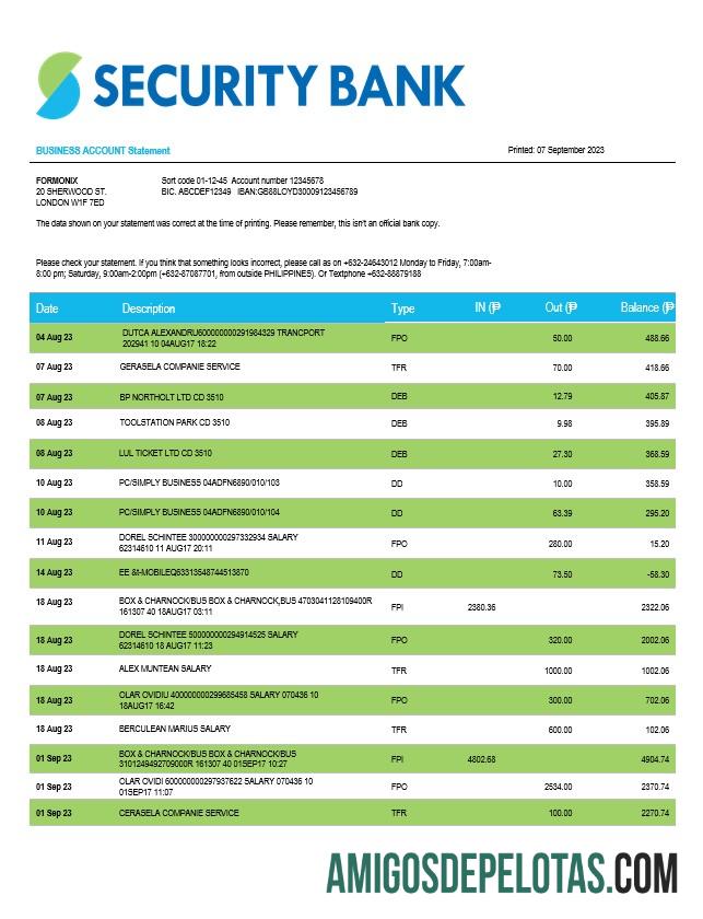 Modelo Word e PDF do extrato da conta da empresa Realista Security Bank